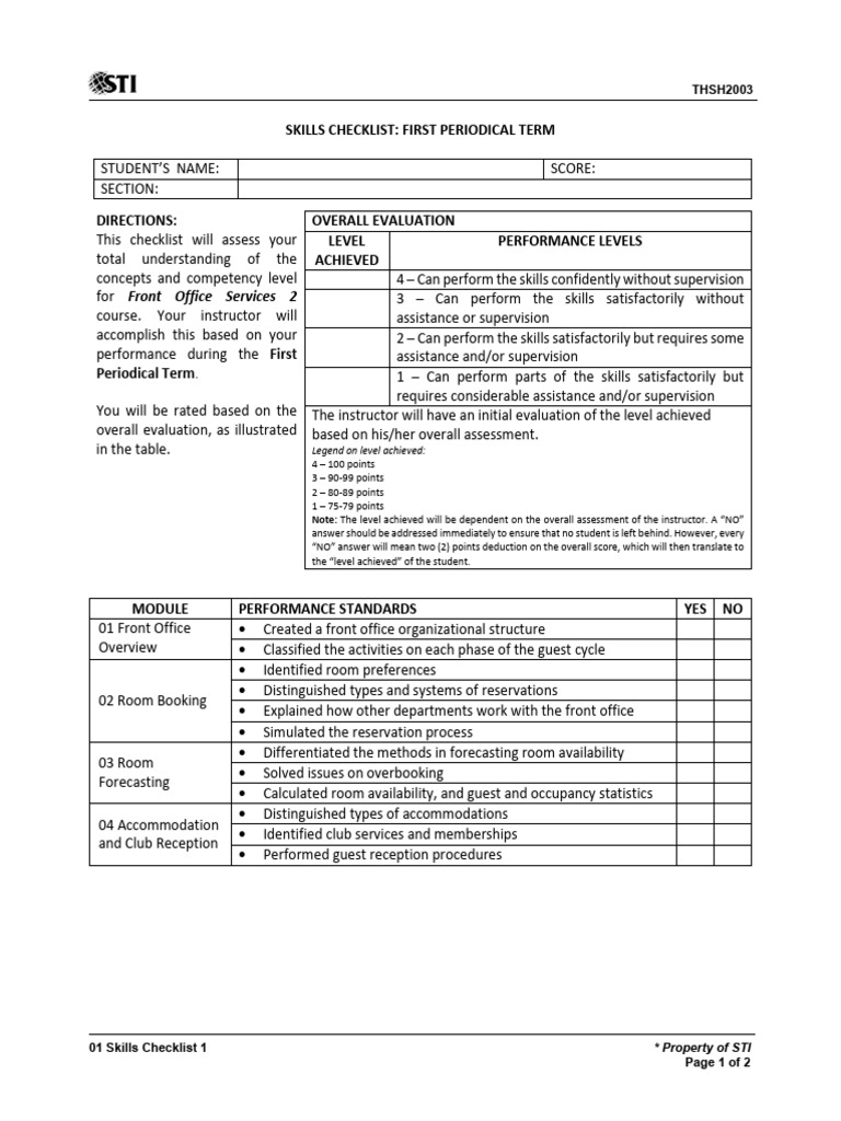 Front Office Services Skills Checklist | PDF
