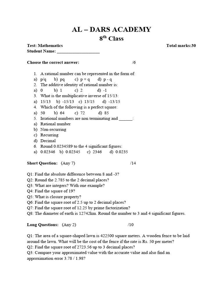 8th Grade Math Test Questions | PDF