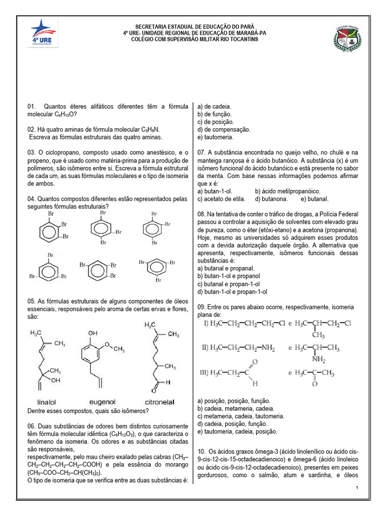 Exercícios de Isomeria Plana em Química | PDF | Isômero | Química