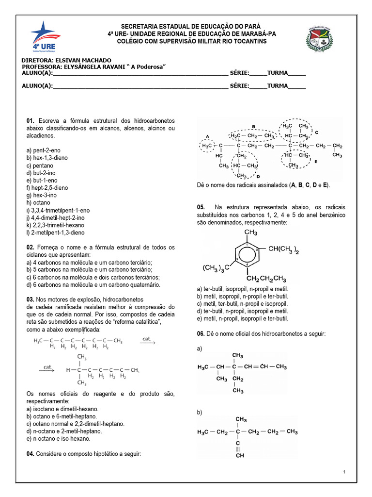 Exercícios sobre Hidrocarbonetos para 3ª Série | PDF | Alcano ...