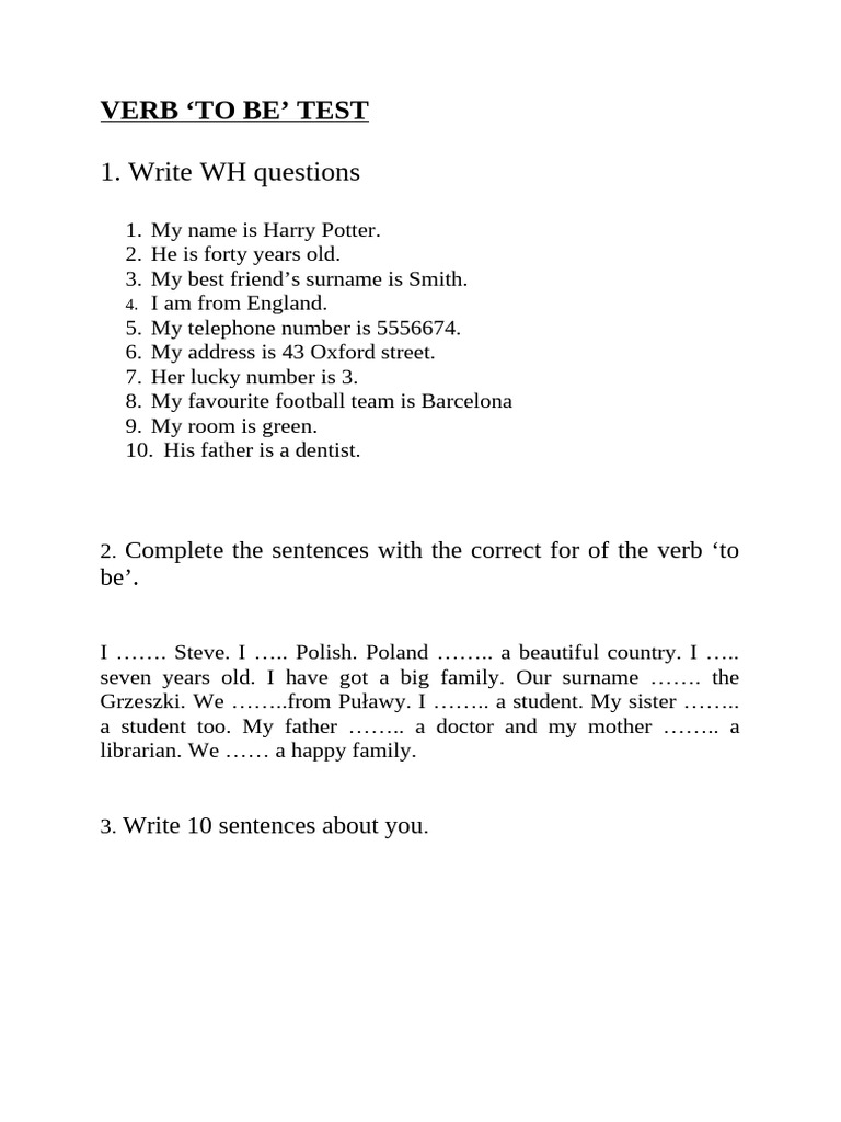 Verb To Be Test Short | PDF