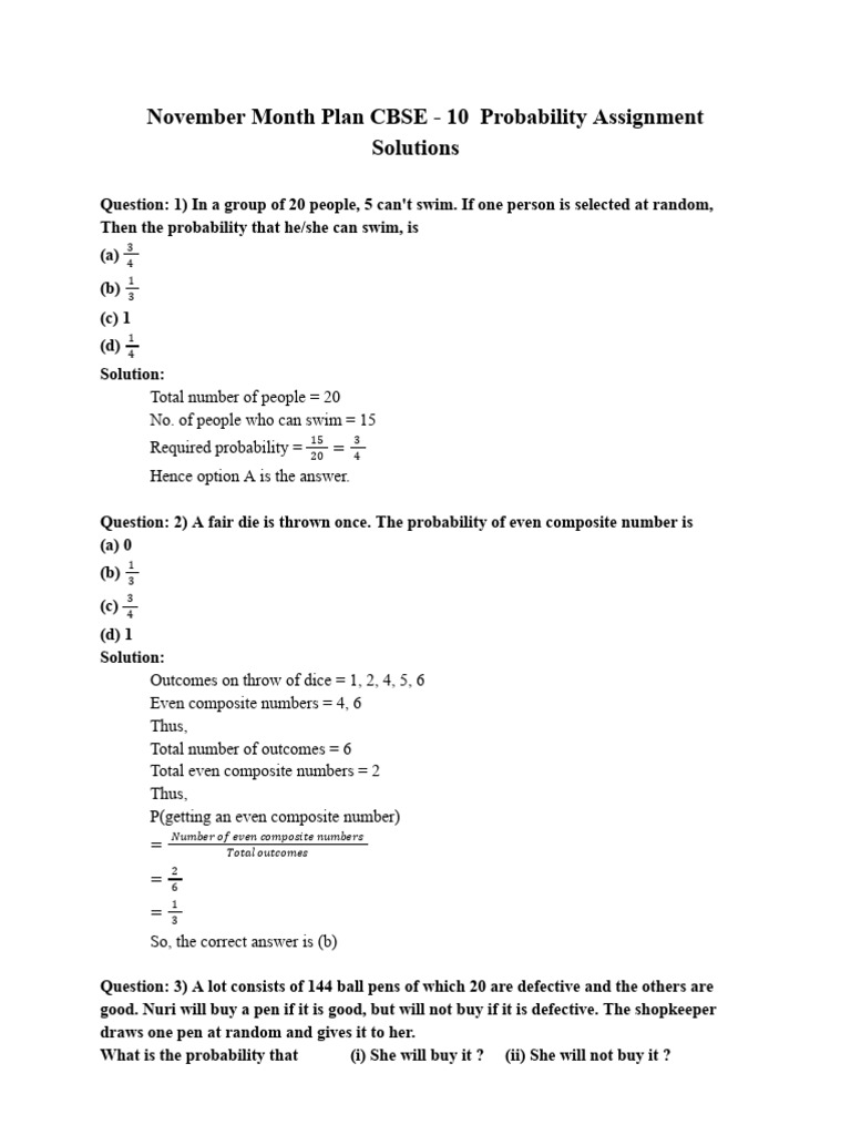 November CBSE 10 Probability Assignment | PDF