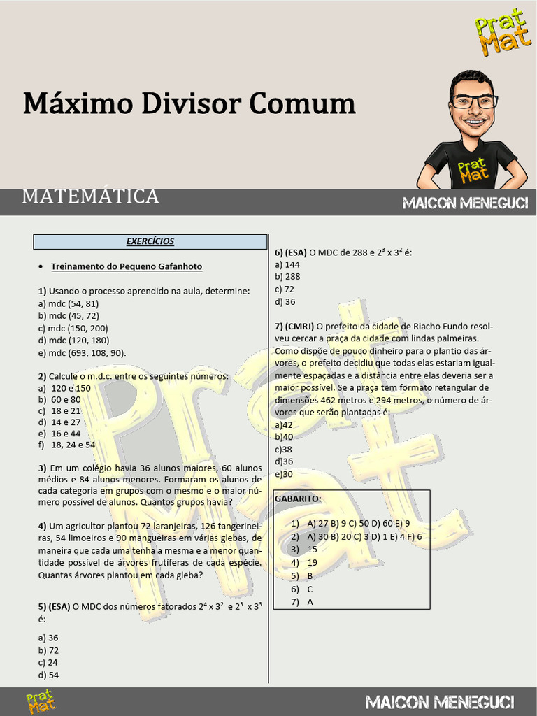 Exercícios de Máximo Divisor Comum | PDF
