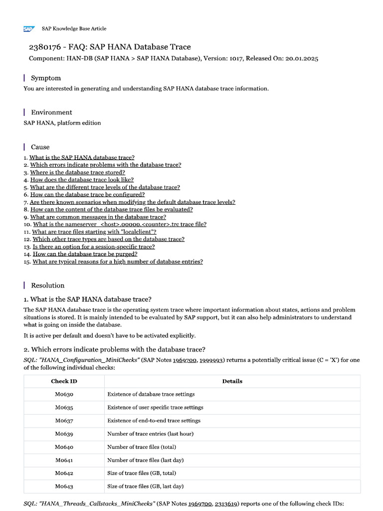 FAQ SAP HANA Database Trace | PDF