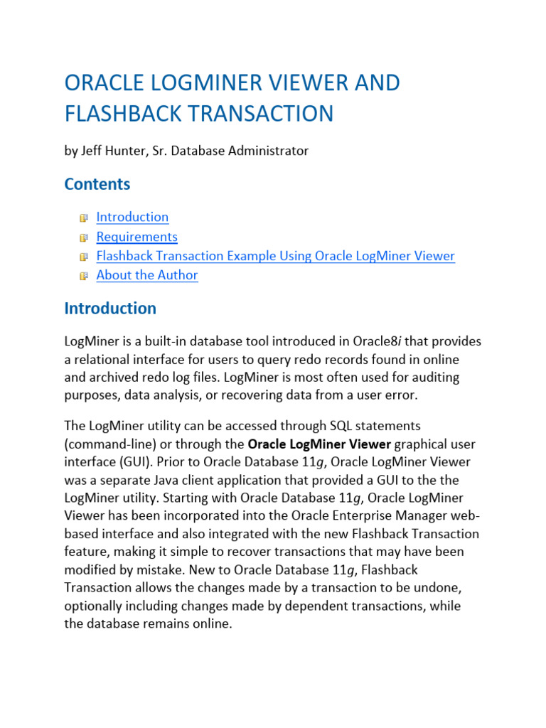 Using LogMiner and Flashback in Oracle | PDF | Databases | Database ...