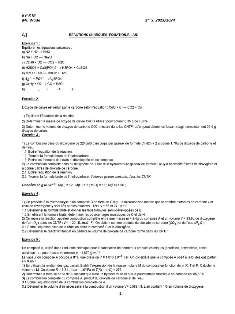 Équilibrage et Calculs en Chimie | PDF | Ion | Cuivre