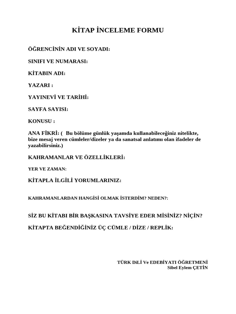 Kitap Inceleme Formu 2 Pdf