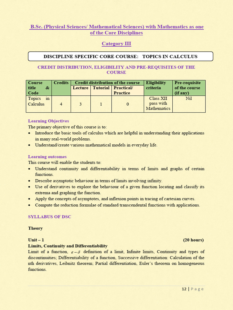 Syllabus UGCF Mathematics (2022 23) | PDF | Derivative | Function ...