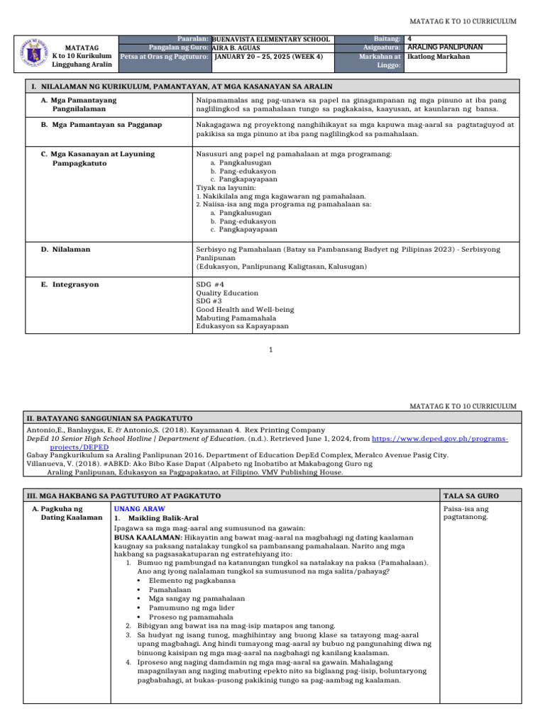 DLL Matatag - Araling Panlipunan 4 q3 w4 | PDF