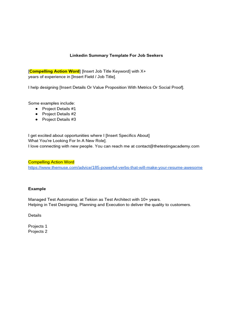 LinkedIn Summary Template for Project Managers | PDF