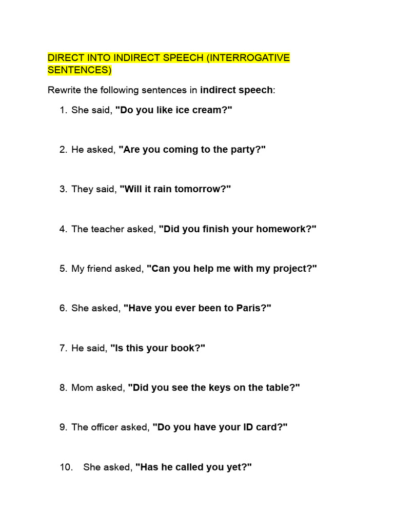 Direct Into Indirect Speech (Interrogative Sentences) | PDF