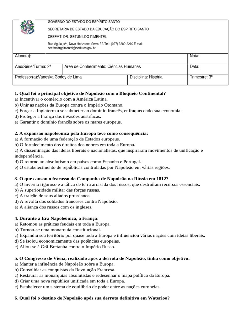 Exercícios sobre a Era Napoleônica | PDF | Napoleão | Europa
