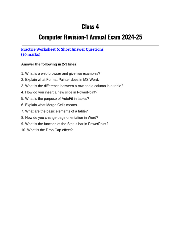 Class 4 Computer Worksheet-6 Short Answer Questions | PDF