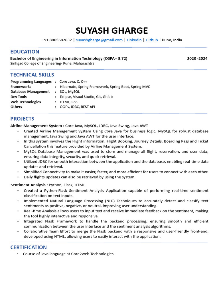 SuyashGharge Resume | PDF | Databases | My Sql