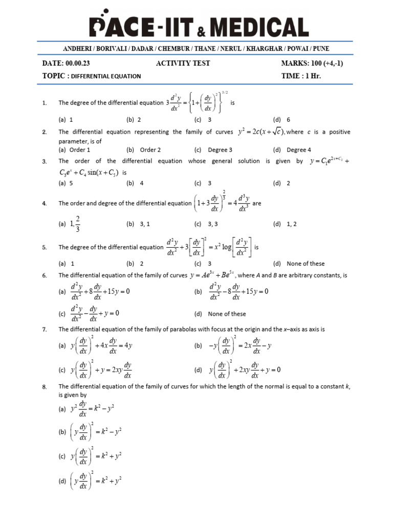Differential Equation Test Paper | PDF | Tangent | Analytic Geometry