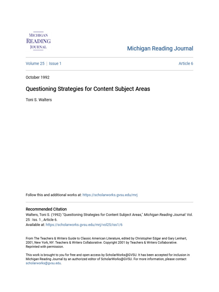 Questioning Strategies For Content Subject Areas | PDF | Reading ...