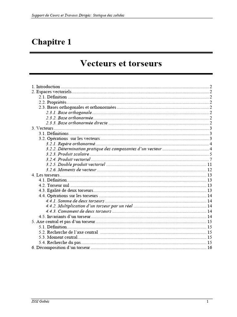 Statique des Solides : Vecteurs et Torseurs | PDF | Base (algèbre ...