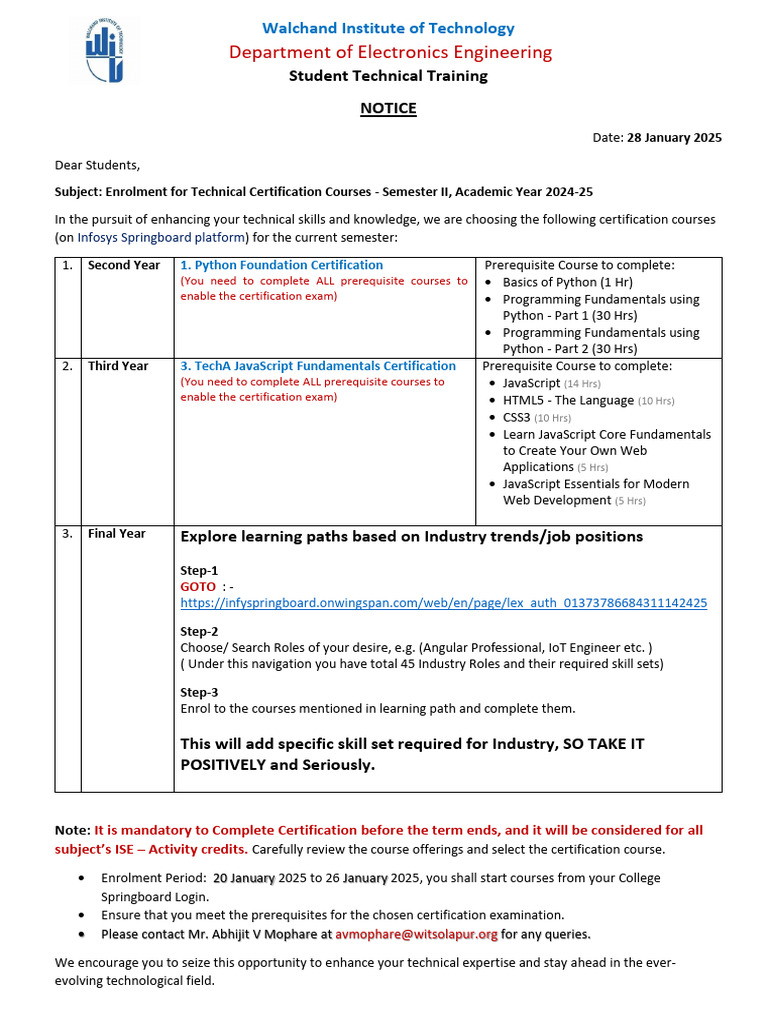 Enrolment for Tech Certification Courses | PDF