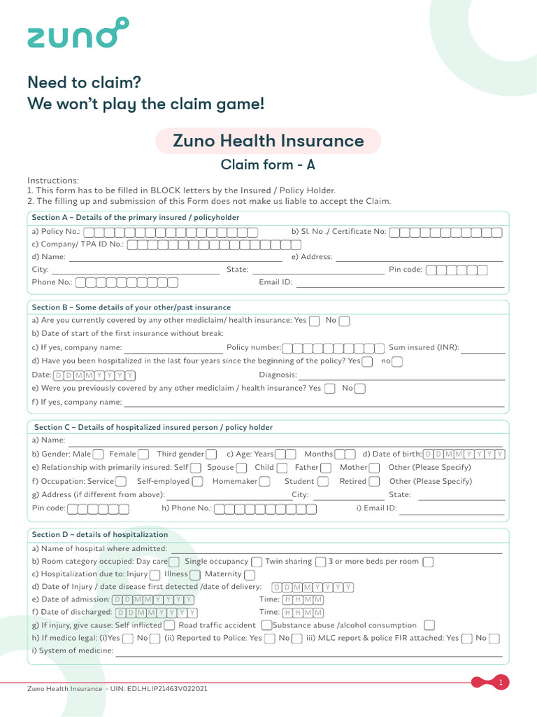 Zuno Health Insurance Claim Form | PDF | Insurance | Hospital