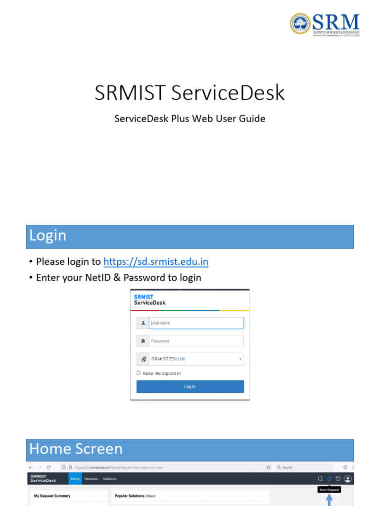 SRMIST ServiceDesk Login Guide | PDF