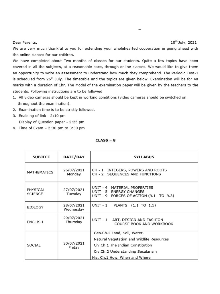 Class 8 Assessment Schedule 2021-22 | PDF