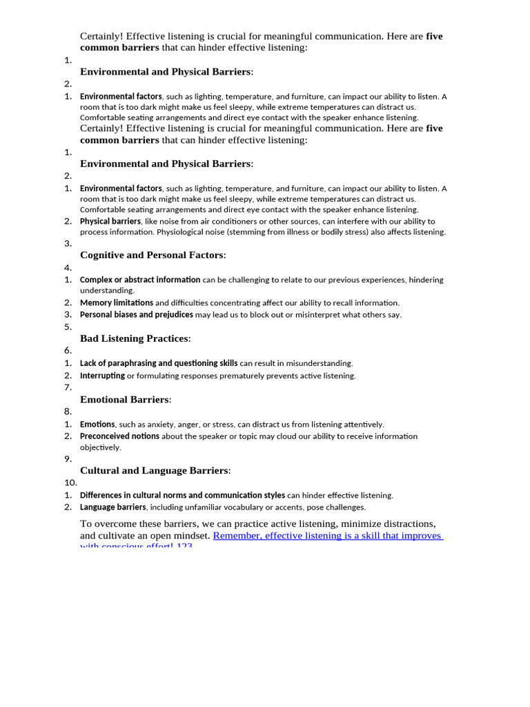 Overcoming Barriers to Effective Listening | PDF