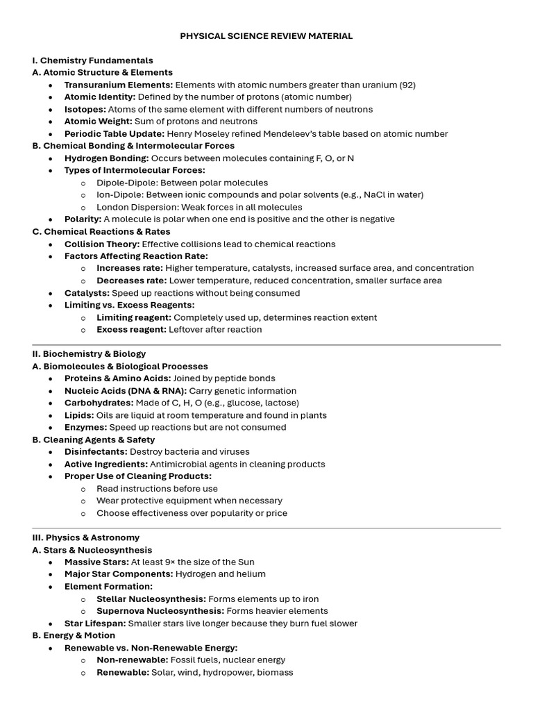 Physical Science Exam Review Guide | PDF | Chemical Reactions | Stars