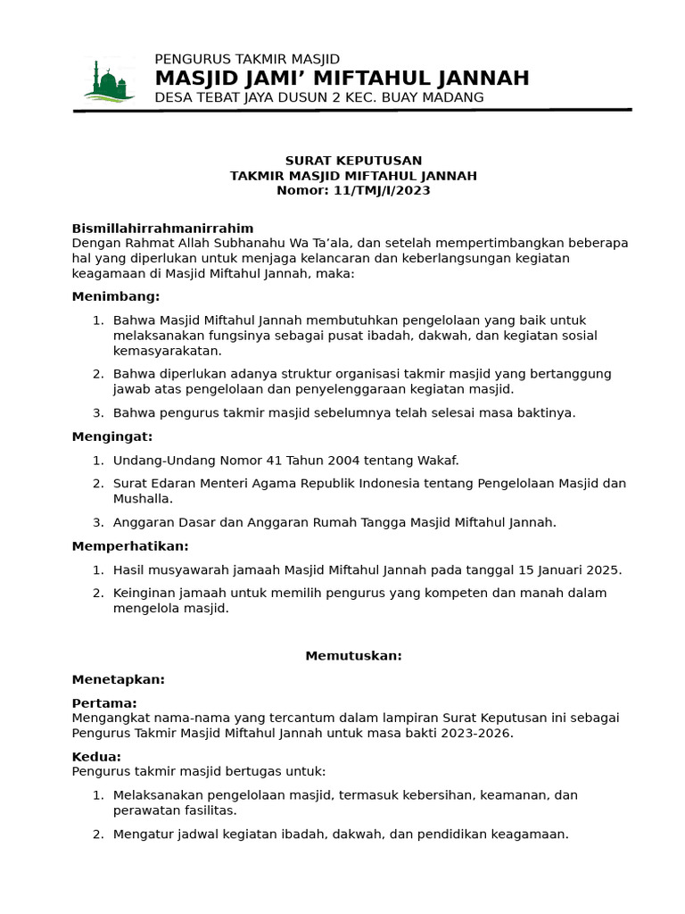 Sk Pengurus Takmir Masjid 2023 2026 Pdf