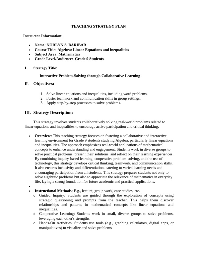 Collaborative Algebra Problem-Solving Strategy | PDF | Mathematics ...