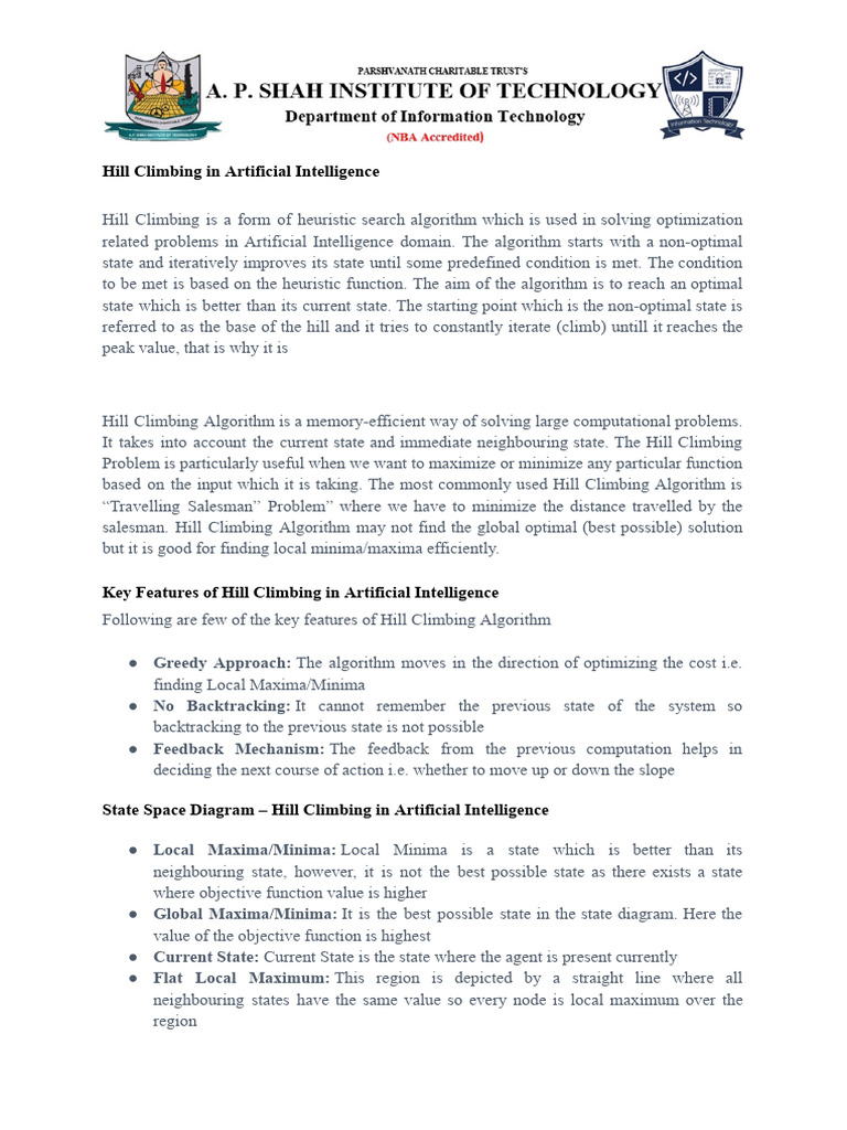 Hill Climbing Algorithm in AI Explained | PDF | Mathematical ...