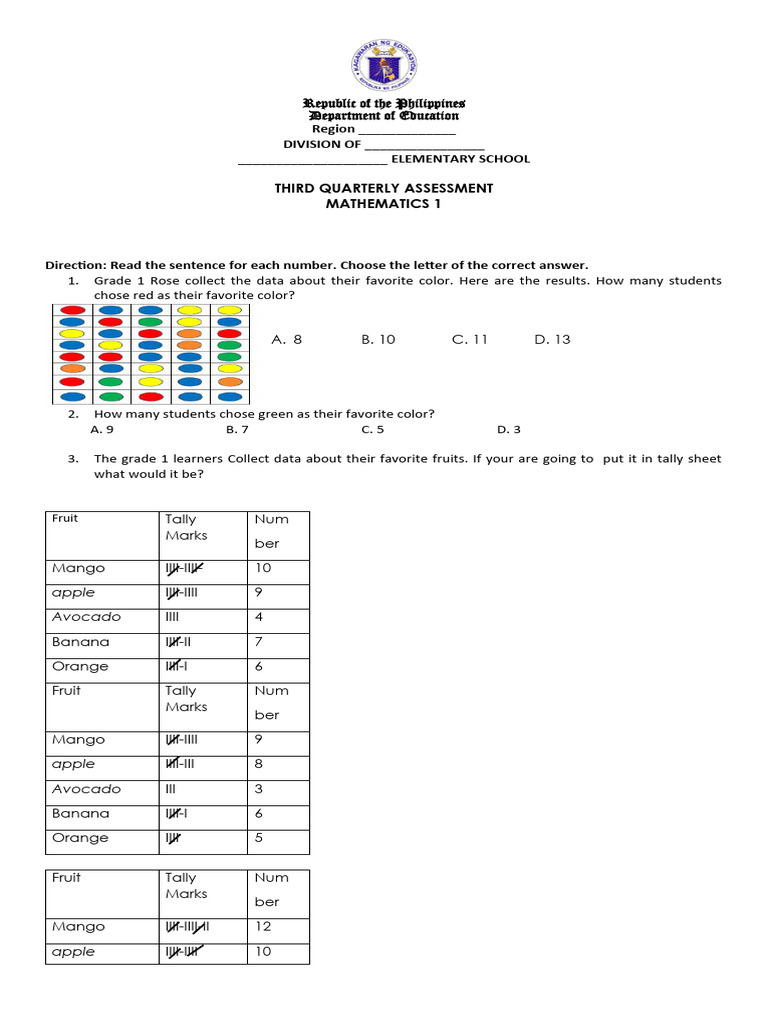Grade 1 Mathematics Quarterly Assessment | PDF | Subtraction