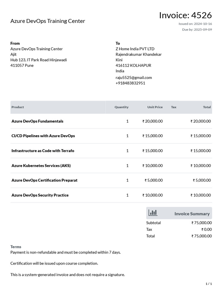 Azure DevOps Training Invoice 4526 | PDF
