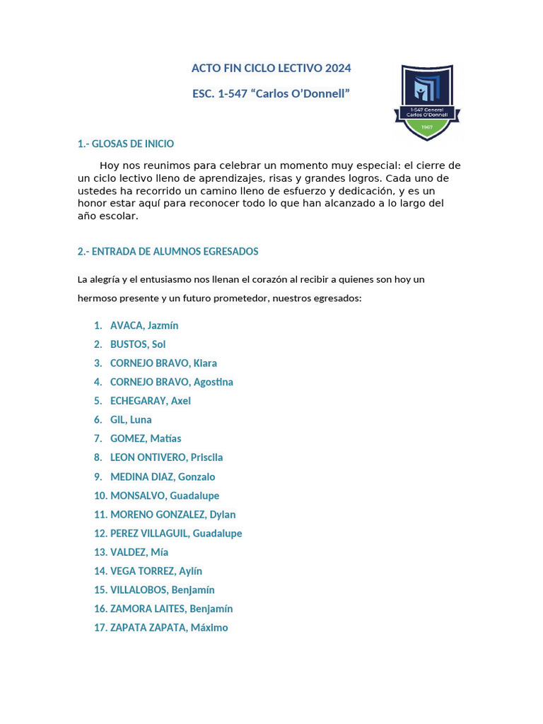 Acto de Cierre Ciclo Lectivo 2024 | PDF