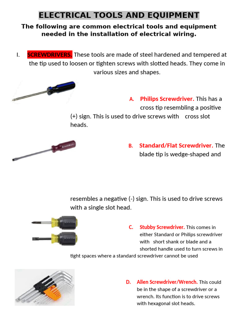 Essential Electrical Tools and Equipment | PDF | Screw | Wire