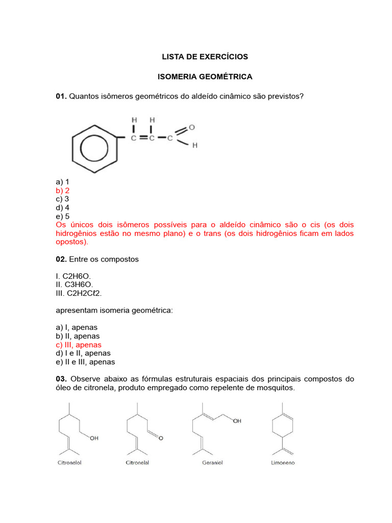 Exercícios sobre Isomeria Geométrica | PDF | Isômero | Ligação química
