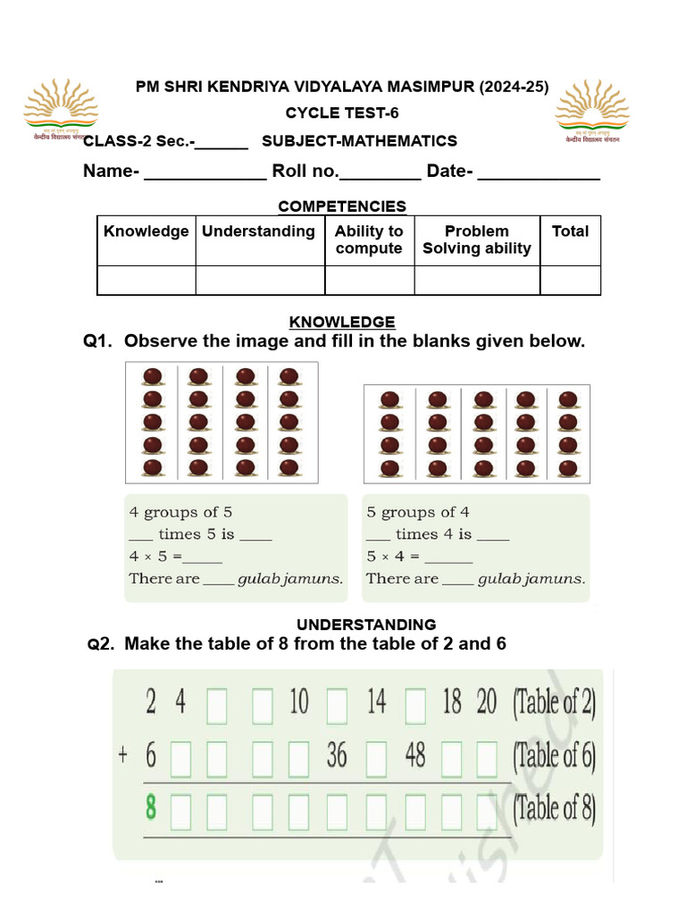 Class 2 Mathematics Cycle Test 6 | PDF