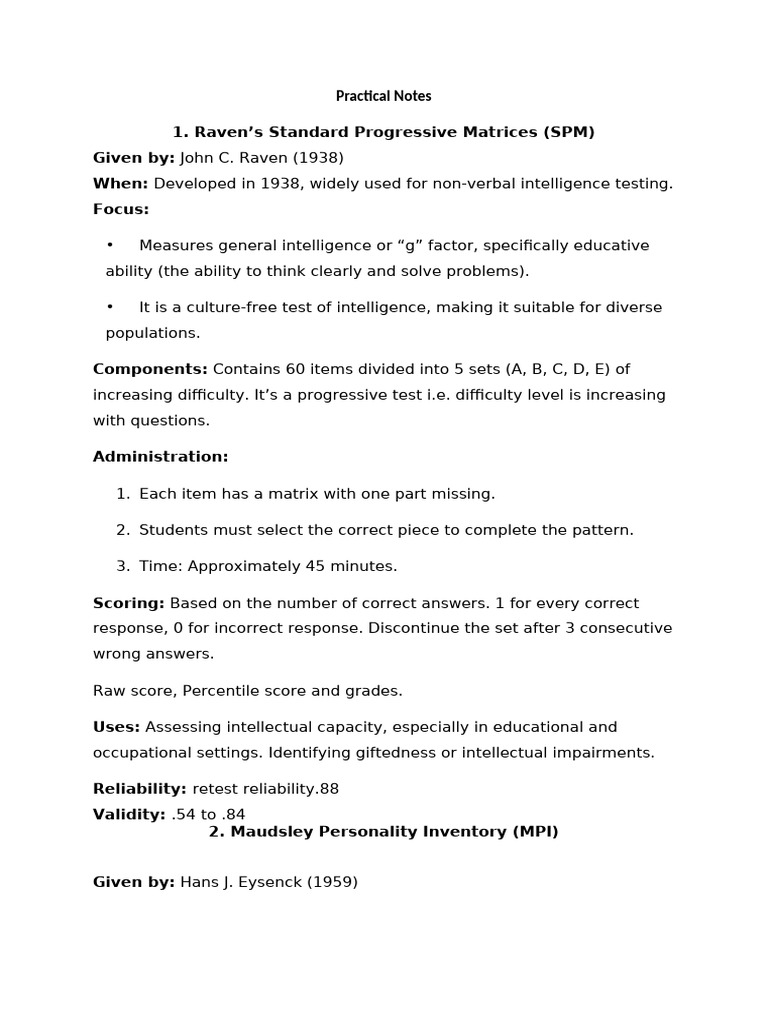 Raven's Standard Progressive Matrices (SPM) Given By: When: Focus | PDF ...