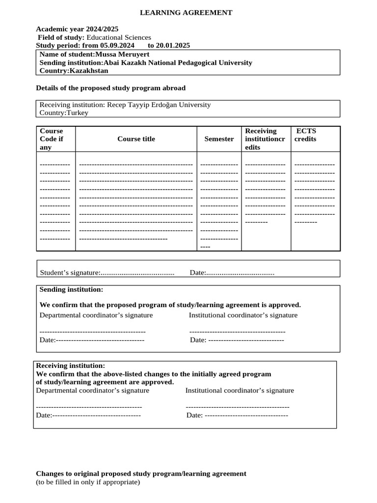 Learning Agreement Example