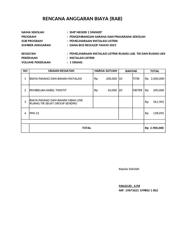 RAB Pemeliharaan Instalasi Listrik SMP | PDF