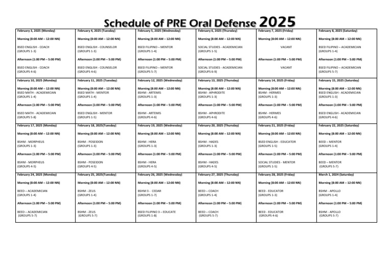 Schedule of The Final Oral Defense 2025 | PDF | Greek Mythology | Greek ...