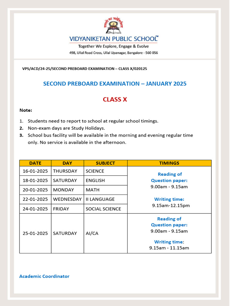 Class X Second Preboard Exam Schedule | PDF
