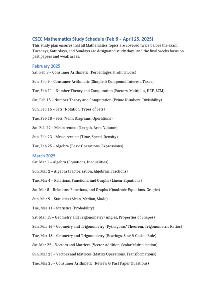 CSEC Math Study Schedule | PDF