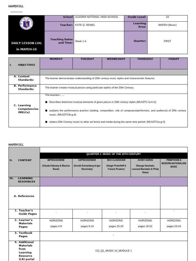 MAPEH 10 Daily Lesson Log: Music Styles | PDF | Performing Arts ...
