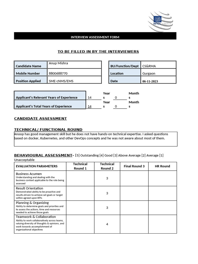 Interview Assessment Sheet - Anup | PDF | Learning | Psychology