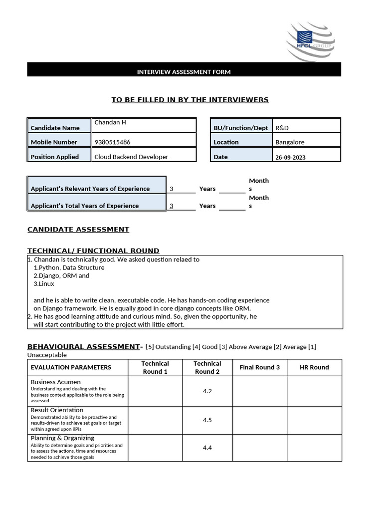 Interview Assessment Sheet Chandanh Pdf Cognition Cognitive Science
