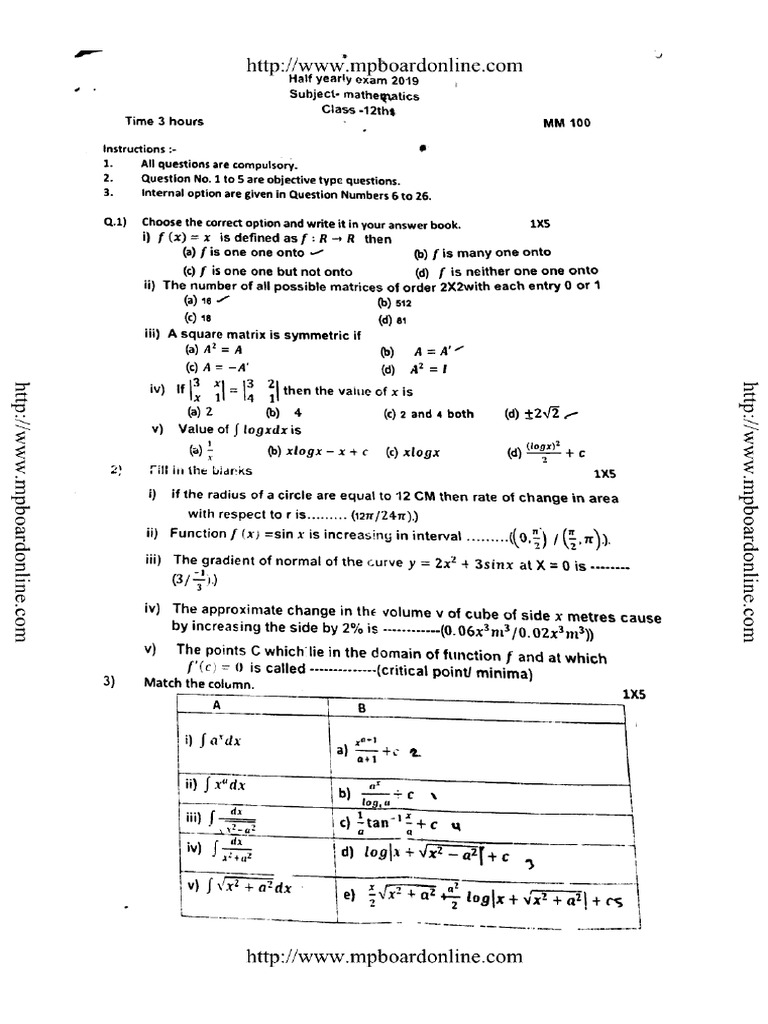 MP Board Class 12 Hy Mathematics 2019 | PDF