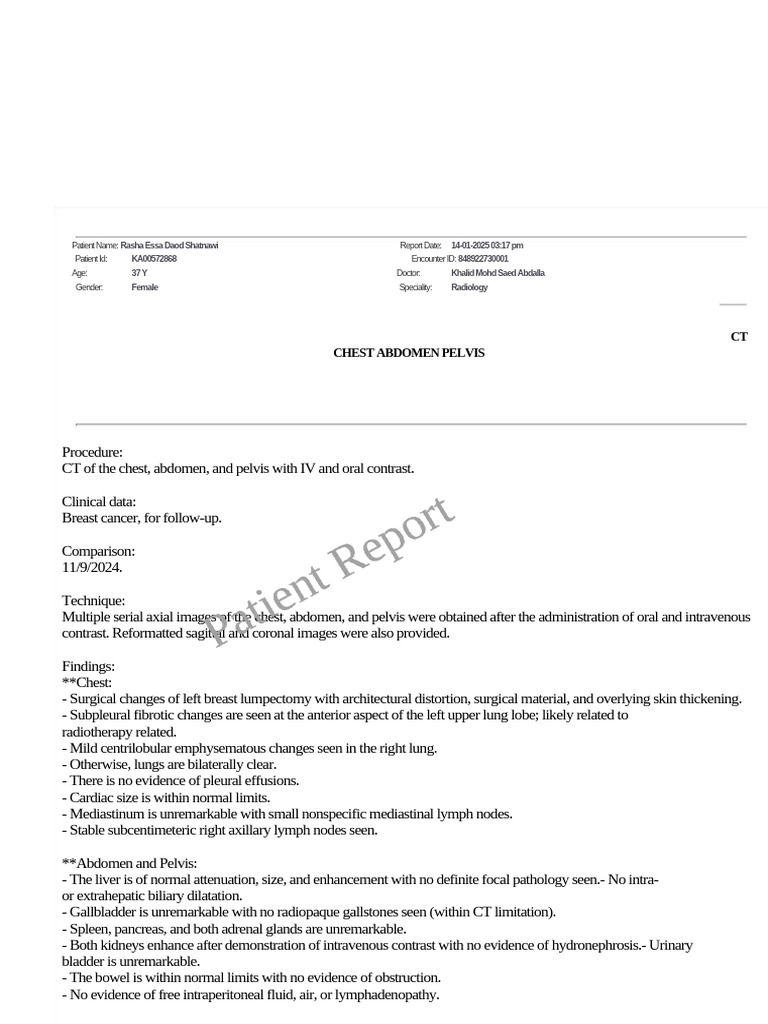 CT Scan Report: Breast Cancer Follow-Up | PDF | Abdomen | Ct Scan