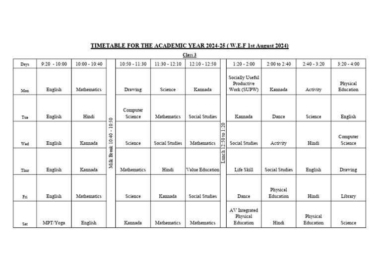 Class 3 Nine Period Timetable 2024-25 | PDF | Cognition | Science