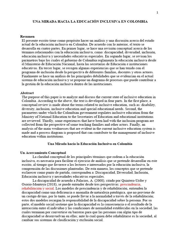 Una Mirada Hacia La Educación Inclusiva en Colombia | PDF | Invalidez ...