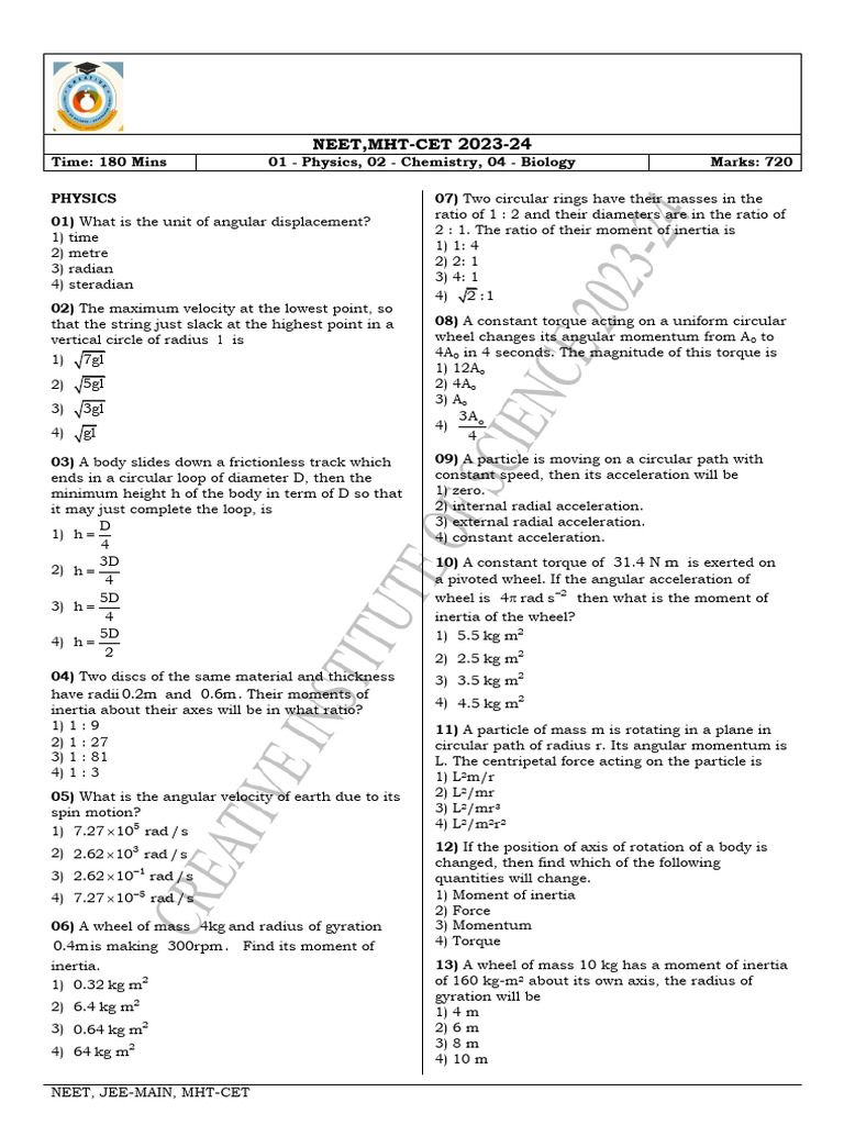 NEET & JEE Exam Prep Physics Quiz | PDF | Rotation Around A Fixed Axis ...